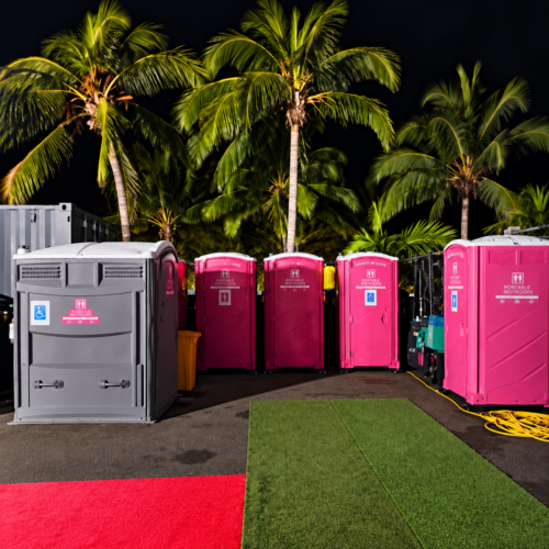 WC autonome VIP Equiloc installé à côté de toilettes mobiles roses lors d'une soirée événementielle sous les palmiers