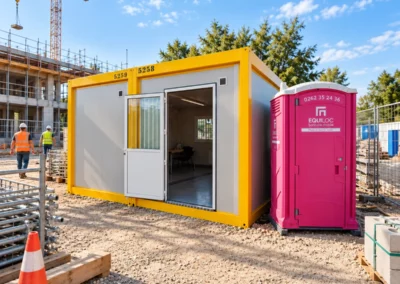 WC autonome Equiloc installé sur un chantier BTP à La Réunion à côté d'un bungalow de chantier