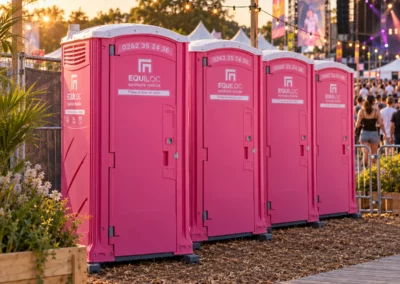 Location WC autonome à La Réunion : cabines sanitaires mobiles roses Equiloc alignées sur un festival