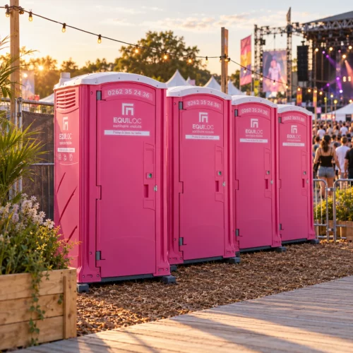 Location WC autonome à La Réunion : cabines sanitaires mobiles roses Equiloc alignées sur un festival